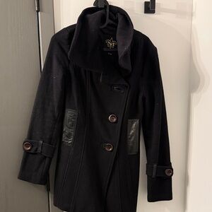 Mackage Wool-Blend Black Women's Coat with Leather Trim